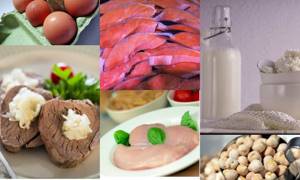 Яйца, нут, красная рыба, говядина, филе, творог и молоко